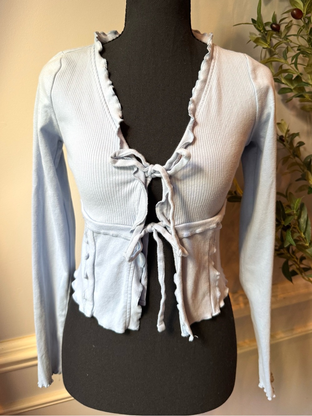 Kimchi Blue Blue Ribbed Tie Front Cardigan Ruffle Trim Y2K Baby Tee